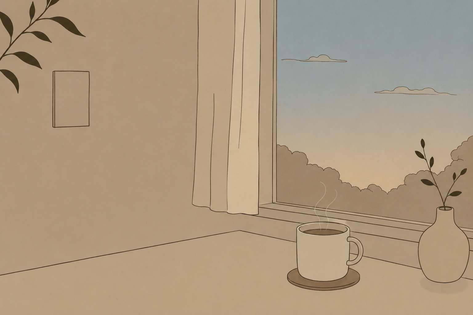 夕方の窓辺に置かれた、湯気の立つ一杯のイラスト